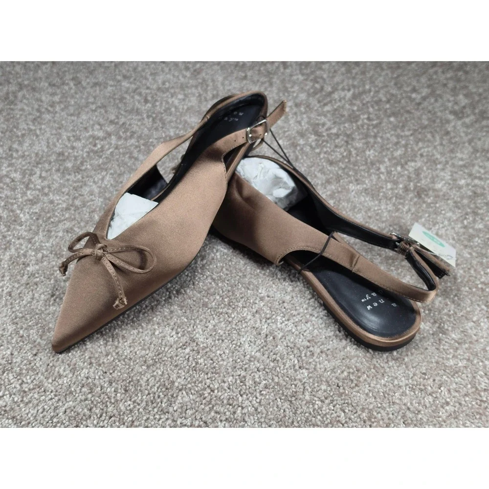 A New Day Camille Taupe Satin Pointed Toe Slingback Bow Flats Shoes 8.5 NEW